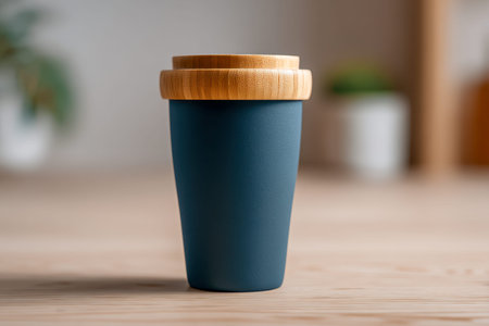 A sleek, azure-hued ceramic container with a natural bamboo top rests on a wooden surface, evoking calm and simplicity in a cozy home setting.の写真素材