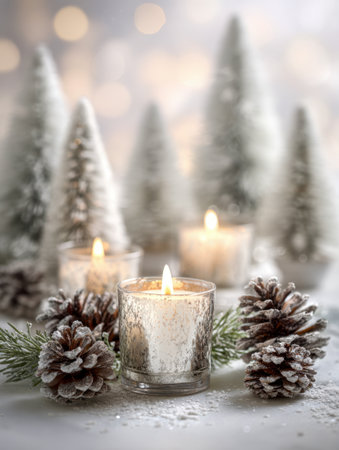 Warm candlelight illuminates a winter tableau of icy pinecones and snow-dusted evergreens, evoking a serene, inviting holiday spirit.の写真素材