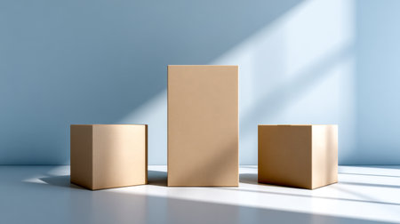Arranged in a simple composition, three neutral-toned cartons of varying dimensions rest gently on a pastel-hued backdrop, illuminated by gentle daylight and subtle shadoの写真素材