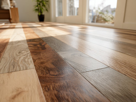 A sleek, contemporary living space bathed in sunlight, featuring warm wooden flooring with detailed grain patterns that enhances its inviting ambiance.の写真素材