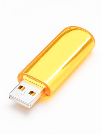 A sleek, reflective yellow and silver compact data drive highlighting its metal connection point and...