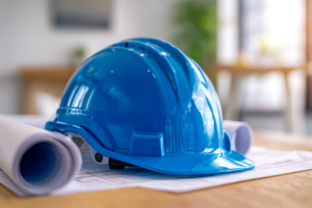 A safety helmet gently placed on detailed blueprints and rolled plans, highlighting careful planning and adherence to safety protocols in construction projects.の写真素材