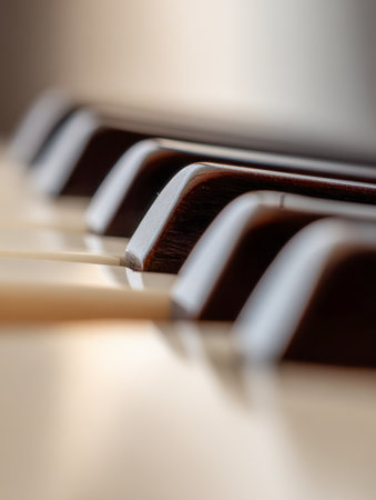 An intimate view of ebony keys on a vintage wooden piano, bathed in gentle amber glow, with a blurred background emphasizing the textures and craftsmanship.の写真素材