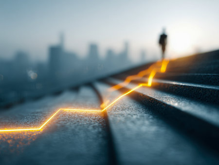 A glowing, angular trail ascends a staircase toward a solitary person, set against a misty cityscape and dawn, embodying perseverance and future goals.の写真素材