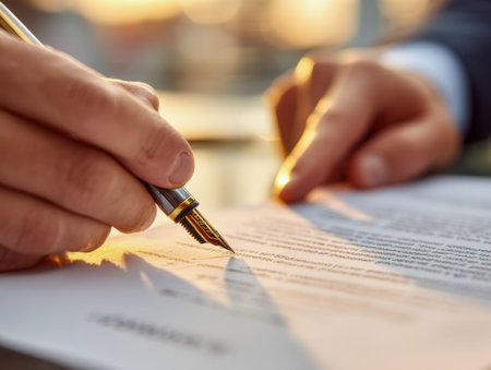 A professional completes a crucial agreement, using a luxurious fountain pen in soft, inviting...