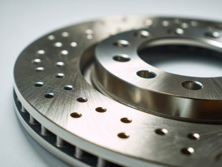 A close-up of a sleek, metallic brake rotor featuring intricately drilled patterns and a flawless...