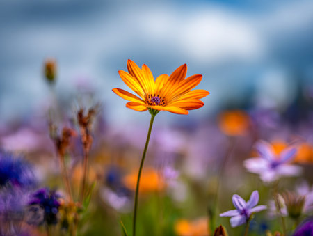 A vibrant orange blossom reaches upward amidst a vivid array of wildflowers, set against a gentle, out-of-focus sky that highlights the beauty of nature's palette.の写真素材