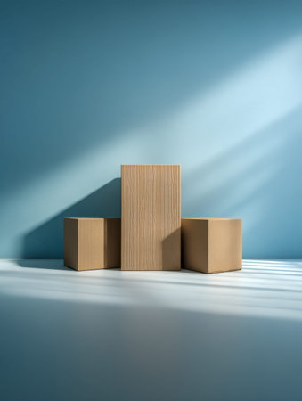 Three simple cardboard containers rest on a sleek surface, illuminated by gentle daylight that...
