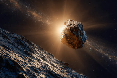An energetic cosmic fragment glows softly under a far-off stellar glow, with rugged planetary...