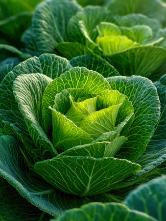 Lush green cabbages thrive amid a colorful garden, their intricate leaf veins highlighted by...