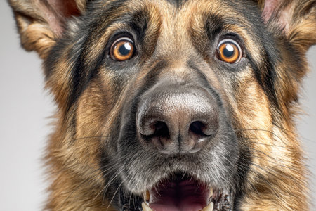 A captivating portrait of a German shepherd showing wide, alert eyes and an open mouth, conveying surprise and curiosity against a simple, neutral backdrop.の写真素材