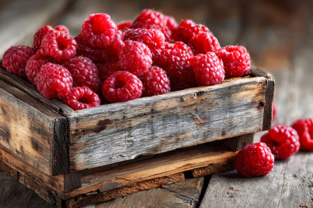A charming, vintage wooden box brimming with plump, jewel-toned berries rests on weathered planks, bathed in gentle sunlight with scattered fruits at its feet.の写真素材
