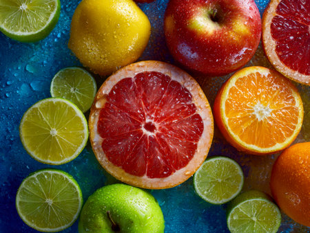 A vibrant display of ripe citrus slices and crisp apples, glistening with water droplets against a vivid blue backdrop, evoking freshness and zestful energy.の写真素材
