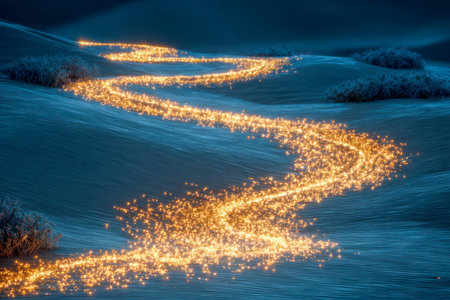 A luminous, glittering trail snakes across gentle, bluish slopes under a shadowed cosmos, dotted...