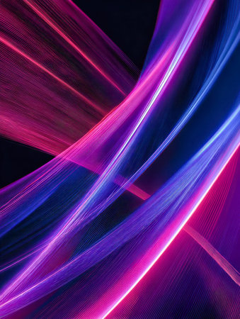 Electric streaks swirl across a dark backdrop, blending luminous violet and azure currents to evoke...