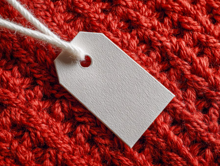 A minimalist white tag secured with a delicate string rests on a richly textured red knitted fabric,...