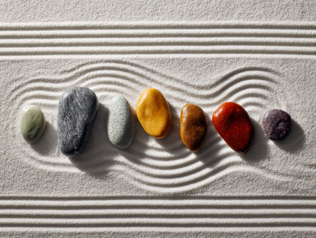 Vibrant polished pebbles line a textured surface, their gentle curves echoing fluid wave motifs that evoke serenity and unity in a tranquil Zen landscape.の写真素材
