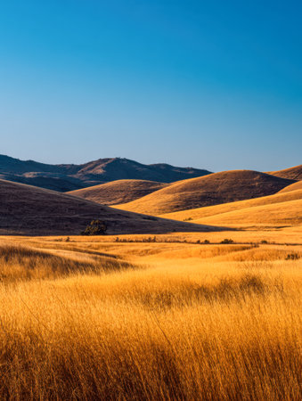Vivid sunlit meadows stretch across gentle slopes, glowing with amber hues as a tranquil sky illuminates a peaceful, expansive pasture at day's end.の写真素材