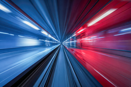 Experience a captivating perspective of a sleek, high-tech corridor where vibrant blue and red trail lights stretch into a distant horizon, evoking energy and rapidの写真素材