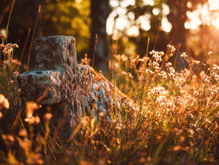 An aged stone cross stands amidst vibrant wildflowers, basking in the soft glow of a sunset, creating a peaceful, timeless scene in nature's embrace.の写真素材
