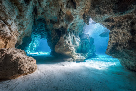 Gentle sunlight pierces the pristine waters, casting a glow over the peaceful sandy seabed within a hidden cave, framed by textured rocky walls and natural openings.の写真素材