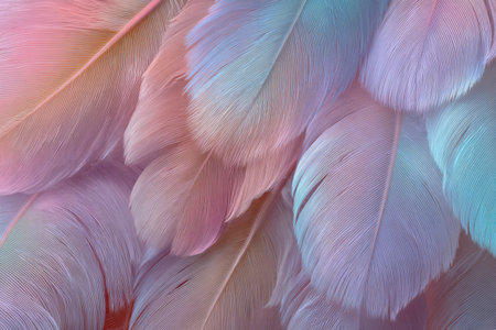 Gentle layers of pastel-hued feathers form an intricate, textured design with subtle color transitions, evoking softness, serenity, and refined elegance.の写真素材