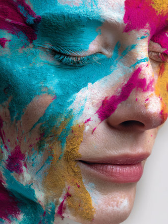 A serene woman with her eyes gently shut, her face transformed by vivid splashes of blue, pink,...