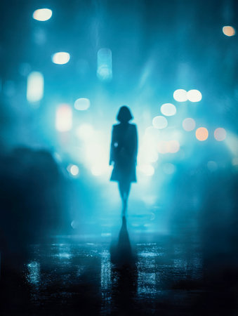 A solitary figure traces a quiet street in the haze of night, where vibrant, diffused lights ripple on damp surfaces, evoking mystery and introspection.の写真素材