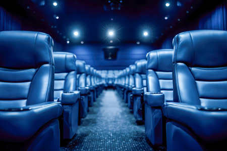 Elegant blue leather recliners line a sleek, contemporary theater space, softly lit by ambient glow, inviting guests to indulge in a premium cinematic experience.の写真素材