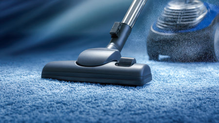 A powerful vacuum head meticulously lifts debris from a soft, vibrant blue carpet, with particles visibly disappearing into the nozzle amidst a cheerful, well-lit roの写真素材