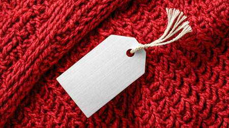A pristine white tag attached by string to a richly textured red knitted background, ideal for highlighting winter discounts and festive retail campaigns.の写真素材