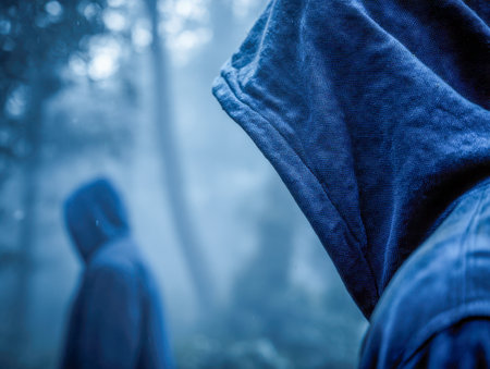 Two shadowy figures cloaked in hooded attire stand separate amid a foggy woodland, their silhouettes blending into the cool blue hues of an eerie, suspenseful landscの写真素材