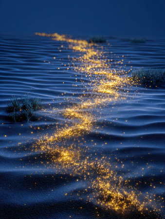 Ethereal golden specks meander across undulating azure sands, weaving a luminous path amid sparse flora under gentle twilight illumination, evoking mystic desert scenesの写真素材