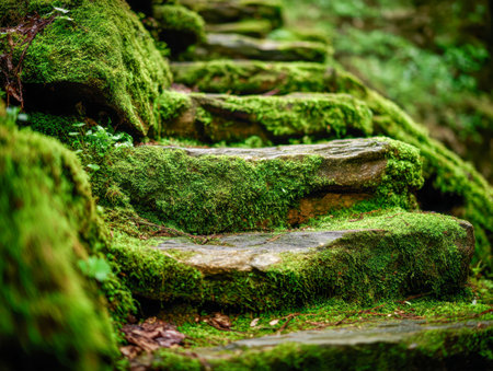 A moss-laden pathway winds through a serene woodland, where aged stone stairs intertwine with thriving greenery, evoking timeless nature's quiet embrace.の写真素材
