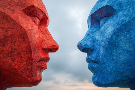 Two large abstract stone faces painted red and blue facing each other against a cloudy sky, symbolizing confrontation or dialogue between contrasting ideas or emotioの写真素材