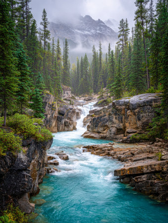 A tranquil mountain stream flows swiftly through steep canyon walls, bordered by lush evergreens beneath a foggy sky, with distant snow-covered peaks adding depth.の写真素材