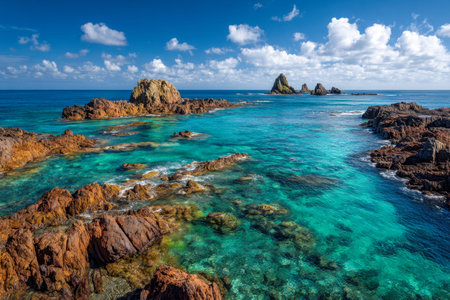 Clear azure waters lap against jagged cliffs, blending natural textures with vivid color, beneath a cheerful sky dotted with fluffy clouds, exuding coastal serenity.の写真素材