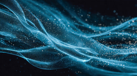 Streamlined blue currents intertwine amid luminous particles, evoking a sleek, high-tech digital...