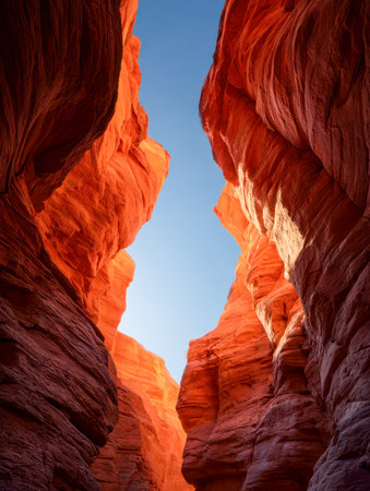 Warm sunlight bathes rugged crimson cliffs, creating deep shadows and vibrant hues within a slender desert canyon under a serene blue sky.の写真素材