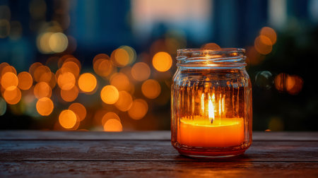 A gentle candle flame radiates warmth within a transparent jar, resting on textured wood as distant city lights shimmer softly, evoking an inviting, tranquil evening sceneの写真素材
