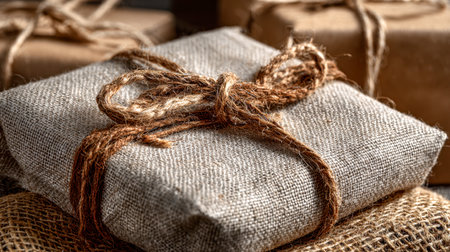 A charming collection of handmade gifts, each wrapped in textured, eco-friendly materials and secured with rustic twine, resting on warm wooden tones for a cozy, naturalの写真素材
