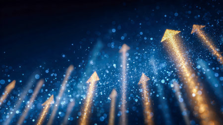 Radiant gold arrows ascend dynamically against a dazzling blue bokeh backdrop, symbolizing...
