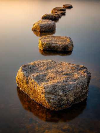 Sunlit stones create a tranquil passage over still waters, mirroring the gentle glow of dawn in a serene, untouched landscape.の写真素材