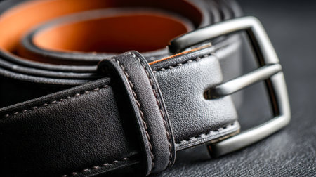 A sleek black leather belt, coiled neatly atop a textured dark background, highlighting meticulous stitching and a glaming silver clasp under gentle illumination.の写真素材