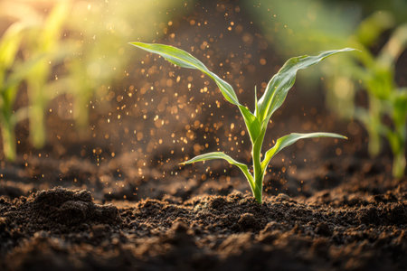 A vibrant young corn sprout emerges amidst fertile earth, basking in golden sunlight, while tiny...