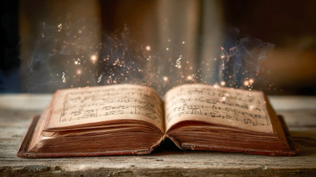 A vintage music manuscript lies open on weathered wood, with shimmering melodies and tiny sparkles ascending, creating a whimsical, enchanting aura.の写真素材