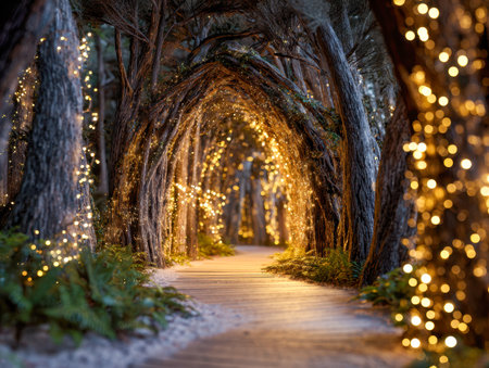 A captivating forest scene featuring a glowing trail bordered by twisting tree canopies decorated with gentle, golden fairy lights, evoking a sense of wonder and traの写真素材