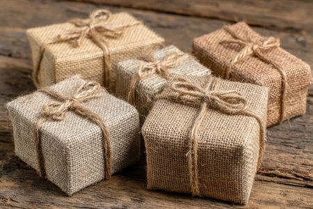 A charming collection of five handmade gift packages crafted from eco-conscious burlap, tied with...