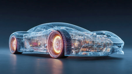 A sleek, ultra-modern vehicle features a translucent design with luminous circuits and complex inner...
