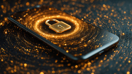 A sleek smartphone featuring a luminous golden lock symbol amid dynamic, swirling digital particles, symbolizing cutting-edge privacy safeguards and data security systemsの写真素材